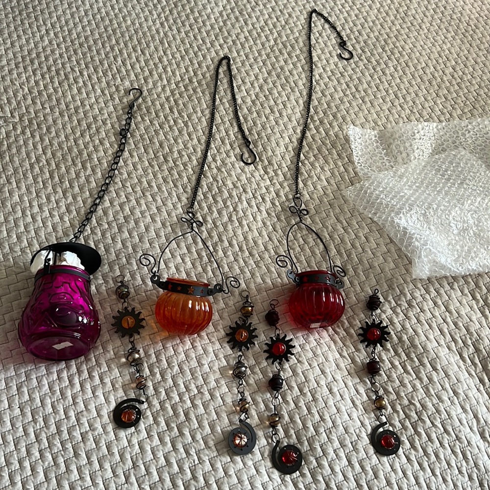 Boho colorful hanging candle holders. Handmade. Glass and metal.